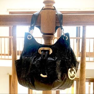 Michael Kors Shiny Black Bucket Bag Gold Hardware